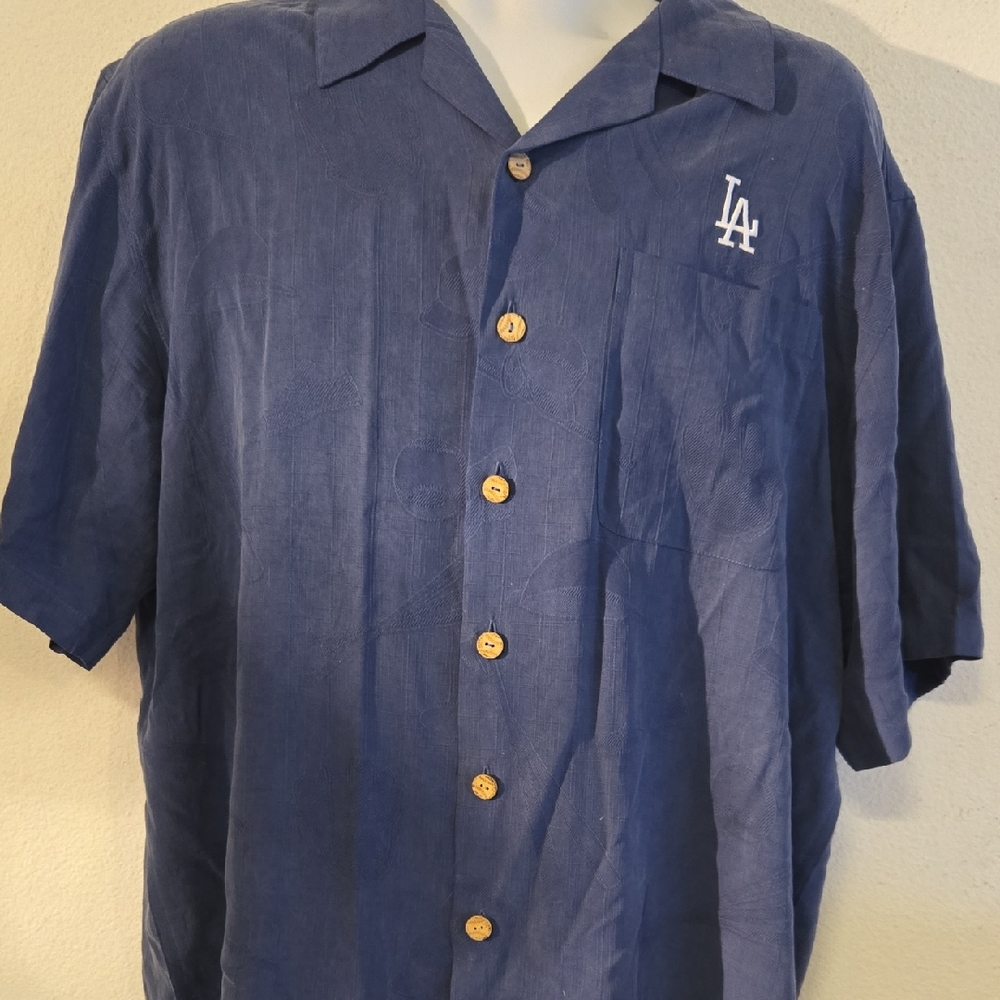 *C8MNS -VTG. LA DODGERS SZ.XL REYN SPOONER COLLARED BUTTON SHT SLEEVE SILK SHIRT